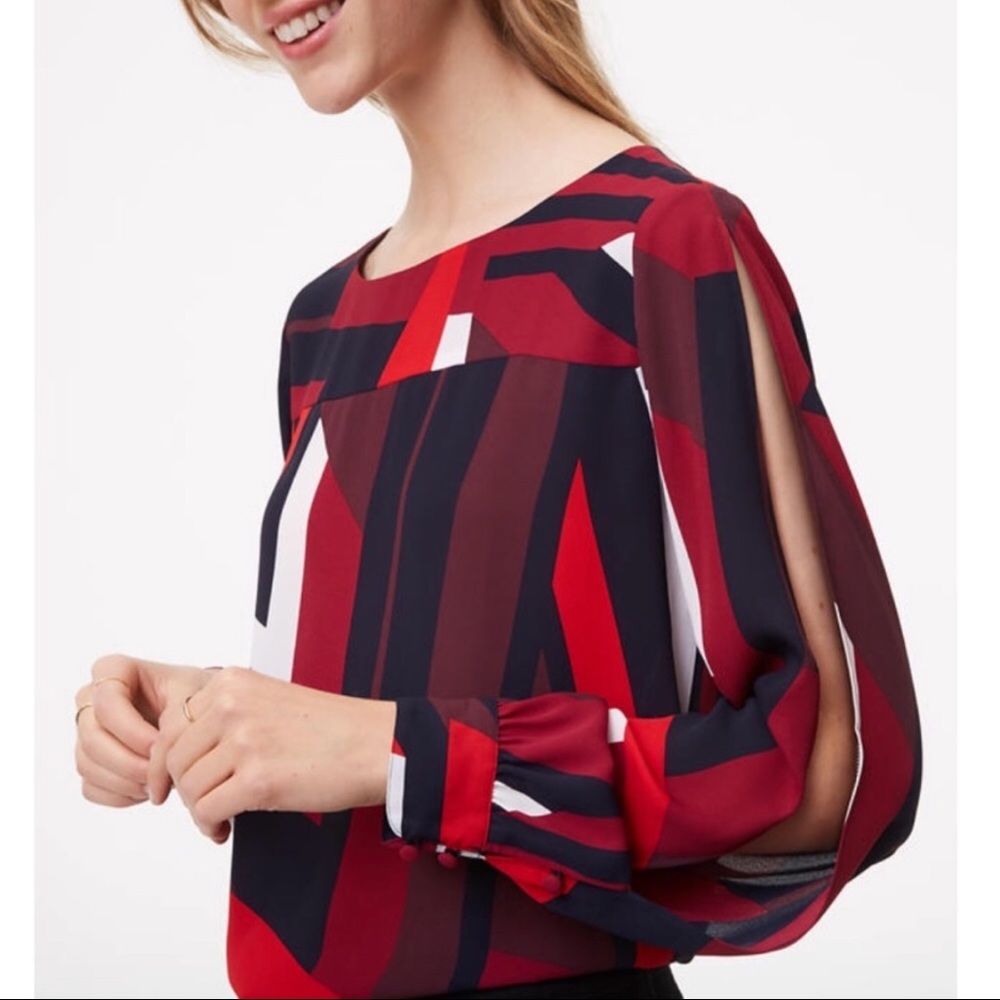LOFT | Split Sleeve Geometric Red Black Blouse